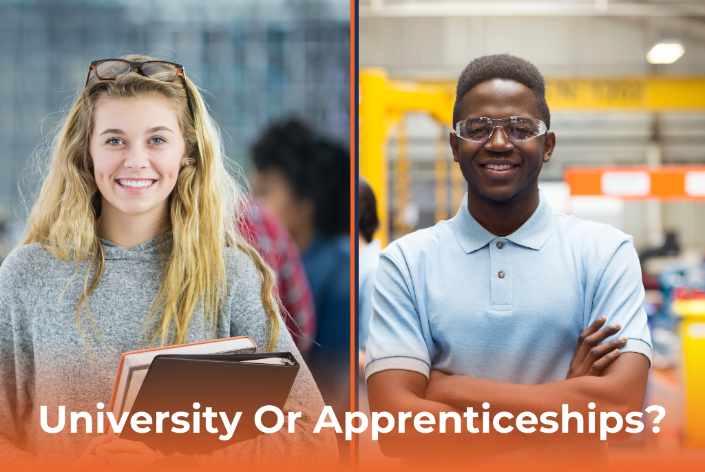 a student and an apprentice smile at with the title 'University or Apprenticeships?'